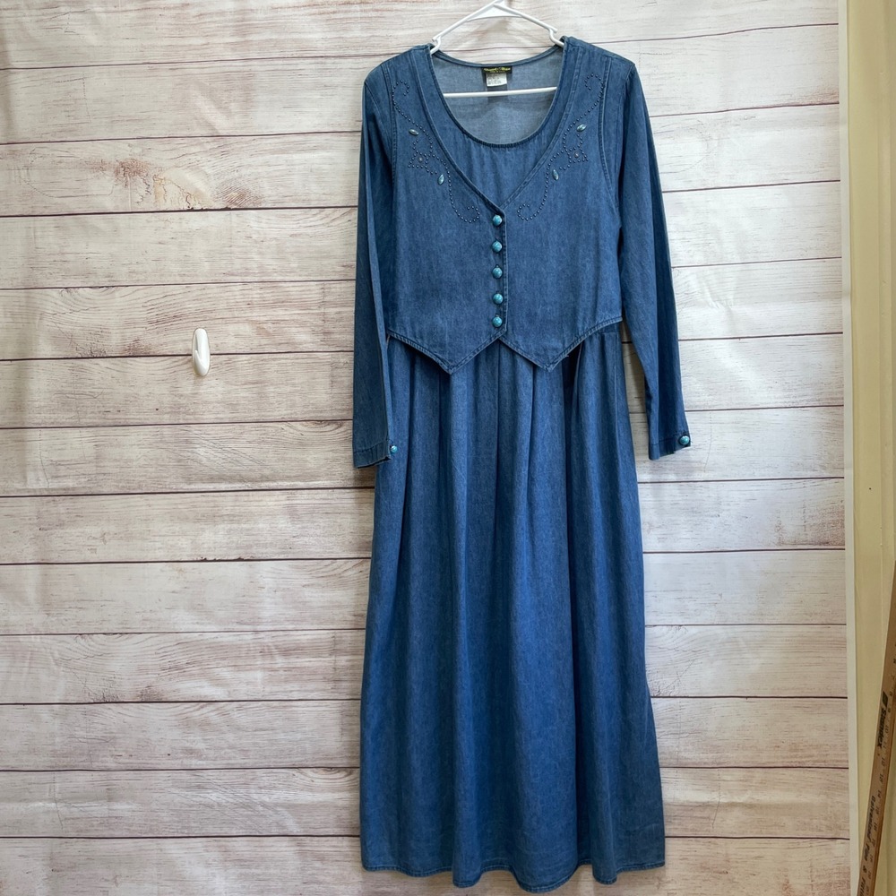 VINTAGE STUART ALAN DENIM EMBELLISHED MAXI DRESS WITH
TURQUOISE BUTTONS